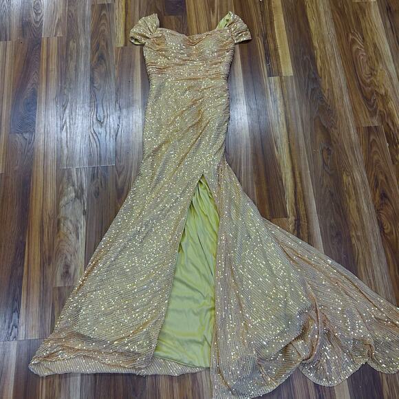Gold Sequin Super Sexy Maxi Gown Ruched Draped Formal Coquette Dress Train S M - Picture 8 of 11